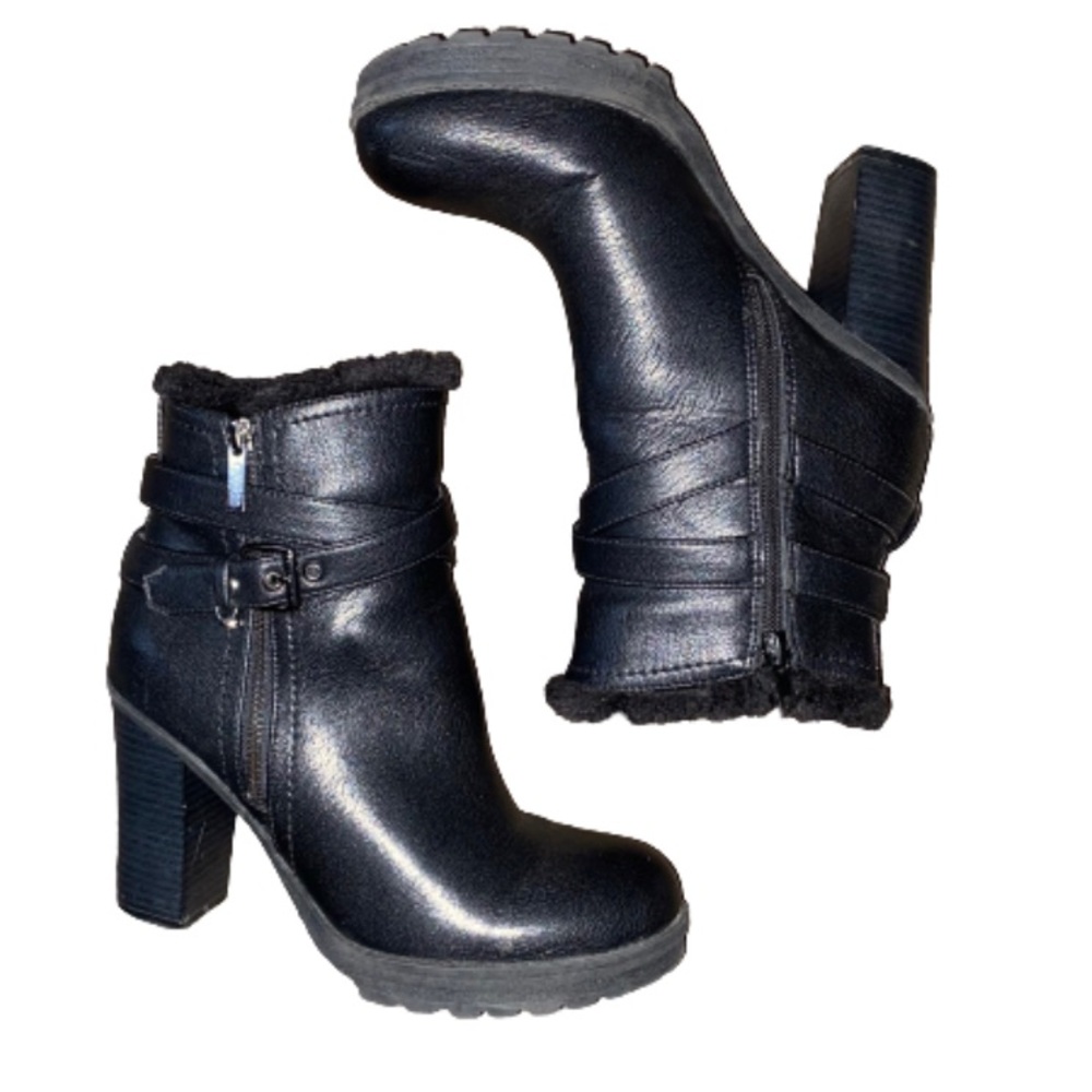 Guess Black Leather Shearling Trim Ankle Boots